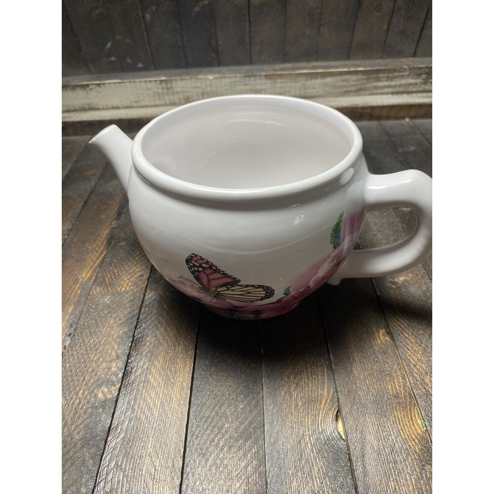 Butterfly Floral Teapot Style Vase Planter White Pink Shabby Chic Cottage Decor